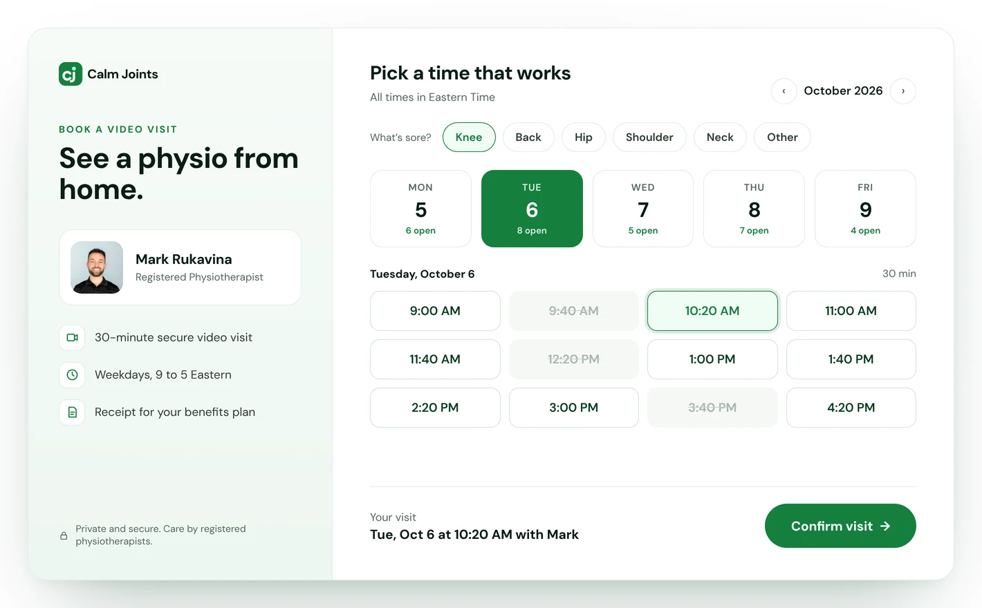 Calm Joints physio booking screen with day and time picker
