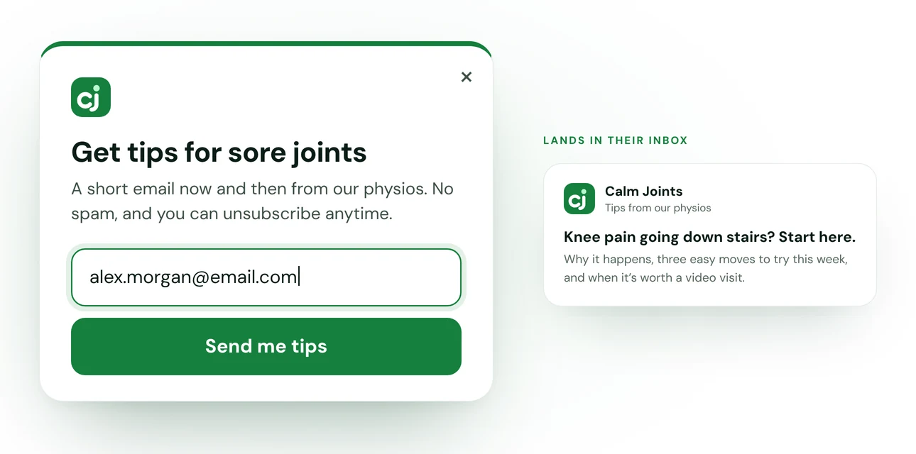 Calm Joints email pop-up, Get tips for sore joints, next to the tip email it sends