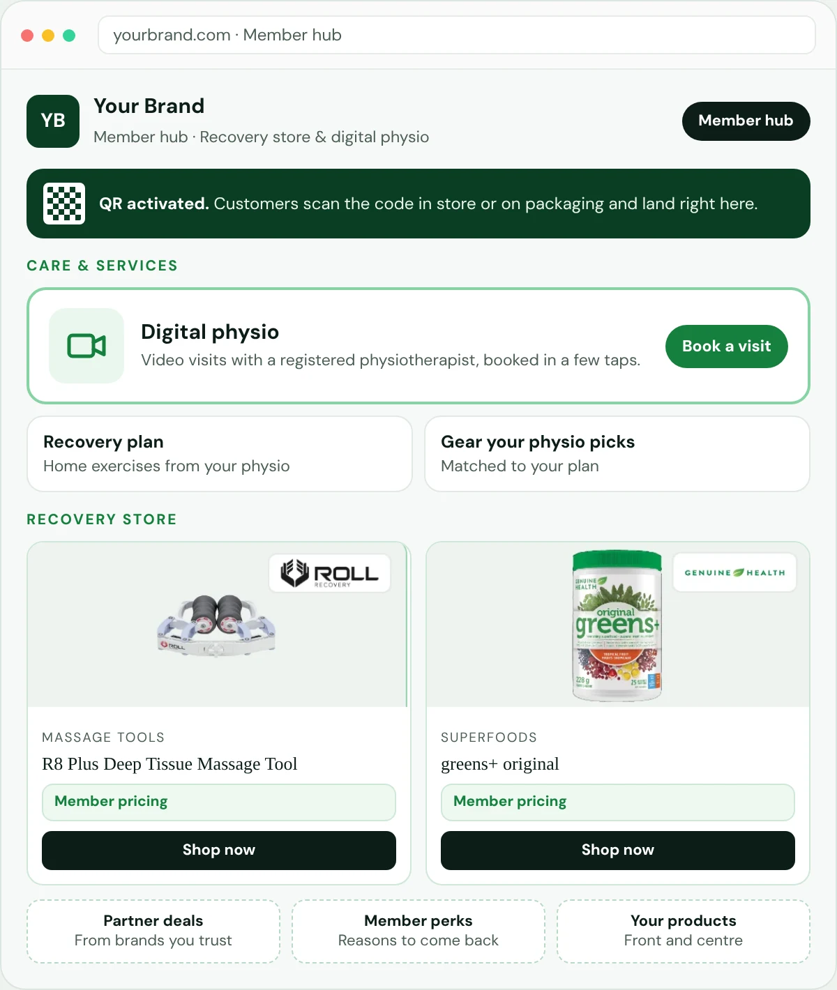 Example member hub with digital physio booking, a recovery store with member pricing, partner deals and perks