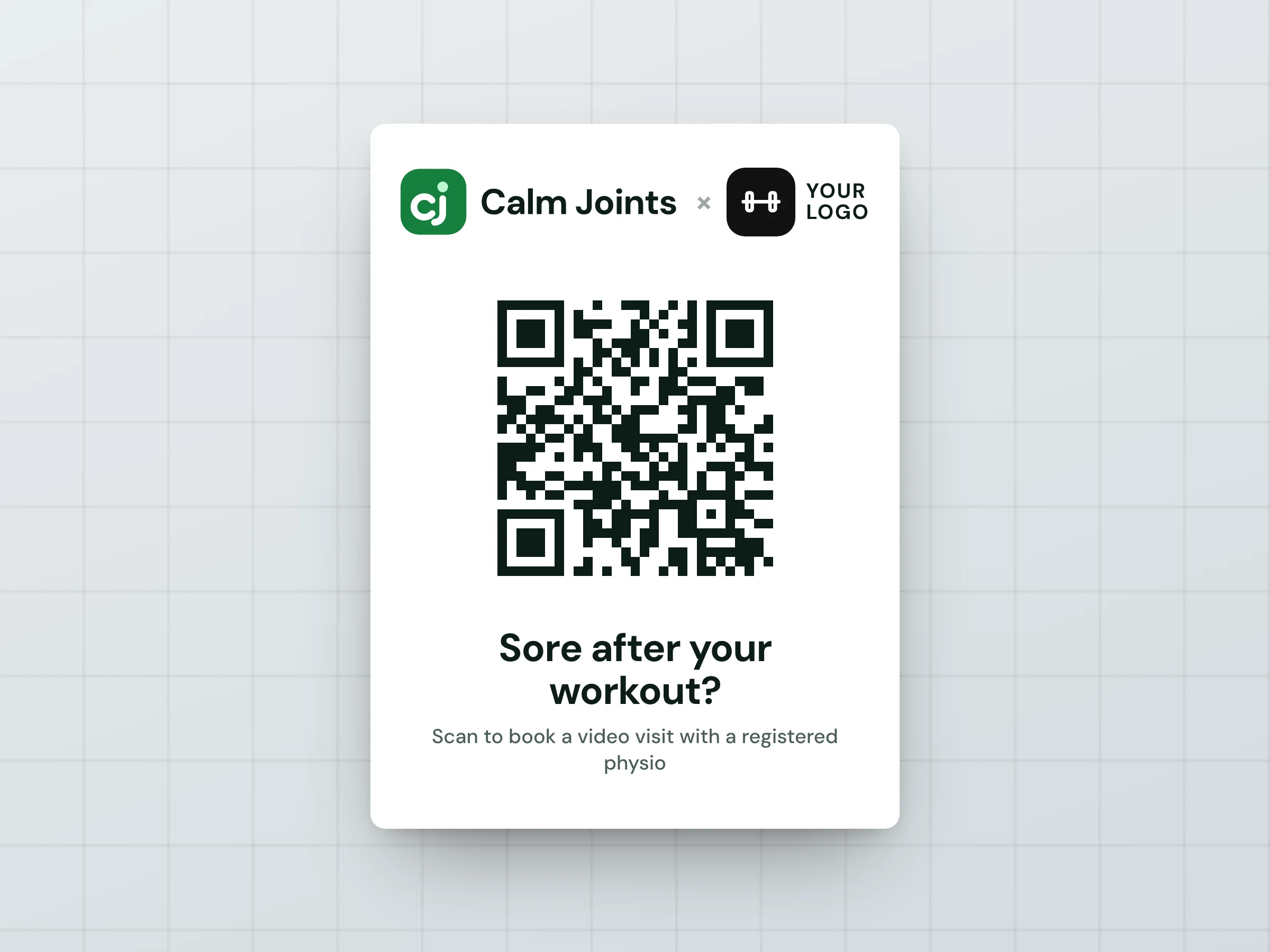 Example: a co-branded Calm Joints QR sign for gym change rooms